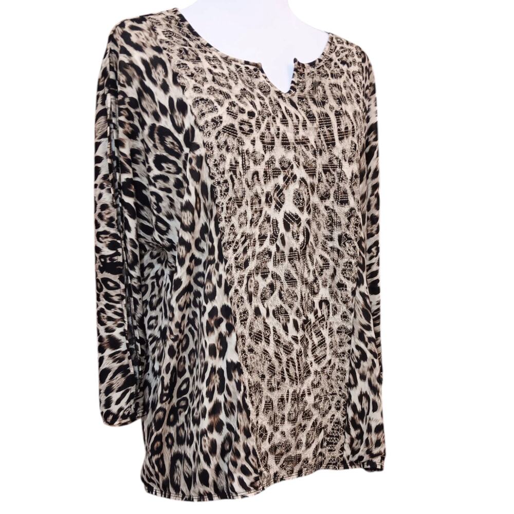 CHICO'S Blouse Top 3 XL Gold Embroidered Animal Print Cheetah Career Office